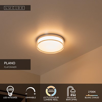 Lucide PLANO - Plafonnier Salle de bains - Ø 23 cm - LED Dim. - CCT - 1x11W 2700K/4000K - IP44 - Opalin